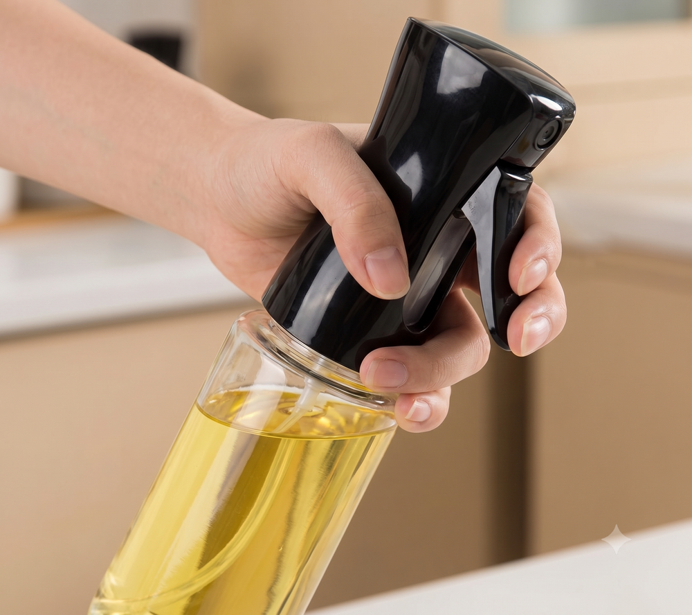 Premium Glass Oil Spray Bottle for Cooking (300 ml) – Fine-Mist Continuous Trigger Dispenser for Air Fryer, Salad, BBQ & Baking | Leakproof Refillable Oil Mister